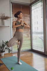 Woman taking online yoga class from home. Female engaged in webcam meditation practice on computer