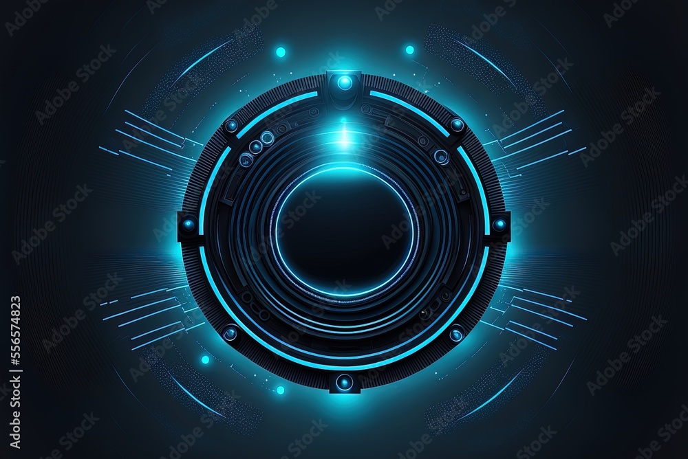 Poster blue neon circle backdrop with virtual reality and abstract lighting. generative ai