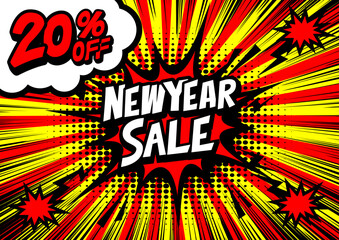 20%off New Year Sale retro typography pop art background, an explosion in comic book style.