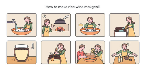 Korean traditional liquor is made in the traditional way. Makgeolli brewing process information illustration.