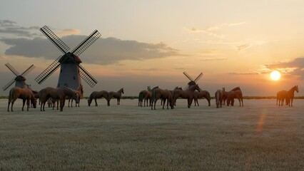 Brown and gray horses eating a dried grass at ranch in front of windmill at sunset