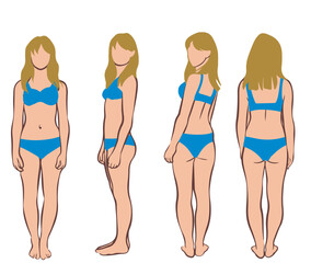 Colorful Illustration of female teenager wearing underwear in front, side and back poses. Vector drawing isolated on white background.