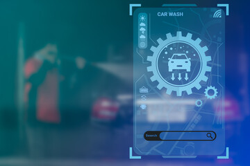 Futuristic HUD virtual graphic interface to find a shop of the service car wash, searching and find what they are interested internet about maintenance car