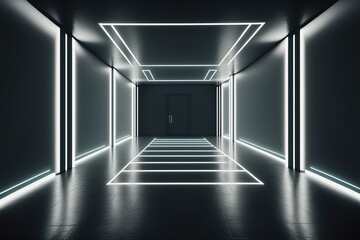 Futuristic Sci-Fi White Neon Glowing Line Lights In Empty Dark Room With Concrete Floor with copy Space generative ai