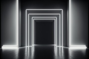 Futuristic Sci-Fi White Neon Glowing Line Lights In Empty Dark Room With Concrete Floor with copy Space generative ai