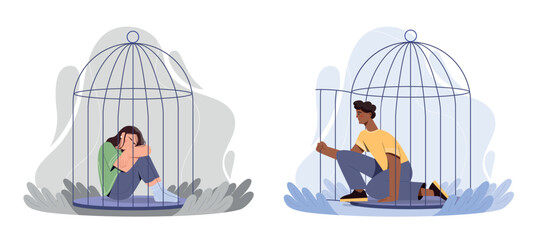 People leaving birdcage set. Collection of graphic elements for website. internal prisoner, mental health and psychology, depression. Cartoon flat vector illustrations isolated on white background