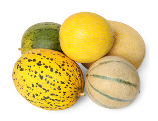 Tasty colorful ripe melons on white background, top view