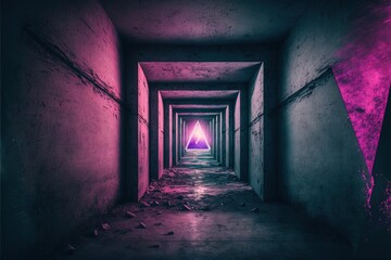 concrete room with a triangle doorway with purple neon light generative ai