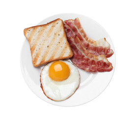 Plate with delicious fried egg, bacon and toast isolated on white, top view