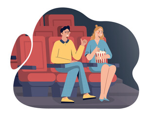People at movie theater. Man and woman with popcorn sit on red armchair and look at screen. Poster or banner for site. Rest after work and study, young couple on date. Cartoon flat vector illustration