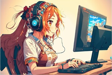 girl sitting on an armchair wearing a virtual reality headset generative ai