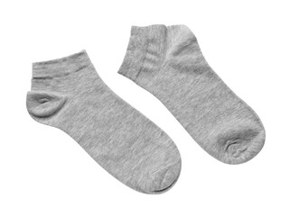 Pair of grey socks on white background, top view