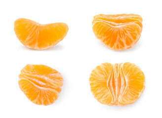 Set with pieces of fresh ripe tangerines on white background