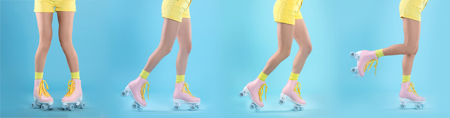 Photos of woman with retro roller skates on light blue background, closeup. Collage banner design