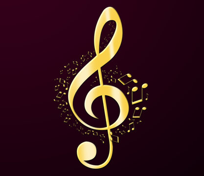 Golden treble clef and music notes repeating it's silhouette on dark burgundy background. Beautiful illustration design