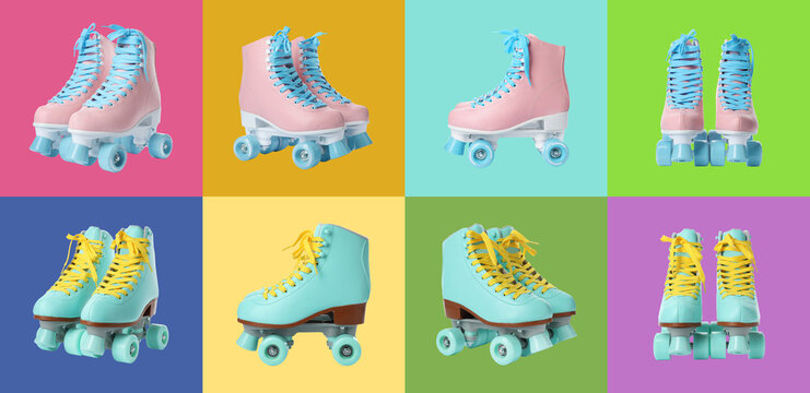 Collage with roller skates on various color backgrounds, views from different sides. Banner design