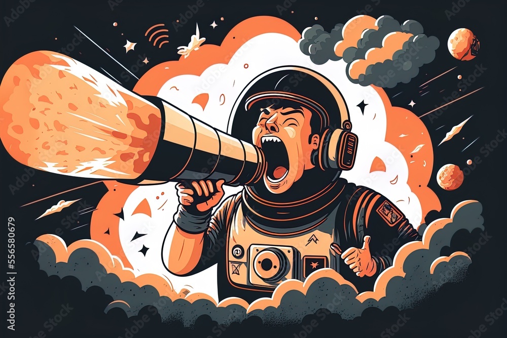 Poster a spaceman aboard a rocket, shouting via a megaphone. cartoonish representation of a icon. isolated 