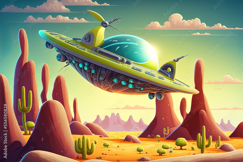 Poster alien planet background with a cartoon spacecraft in flight. generative ai