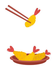Ebi furai prawn tempura on the plate with chopsticks. Perfect for tee, poster, menu and print. Vector illustration for decor and design.