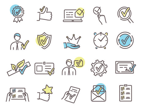 Accreditation icons set. Collection of graphic elements for website. Verification and confirmation, acceptance, business process. Cartoon flat vector illustrations isolated on white background