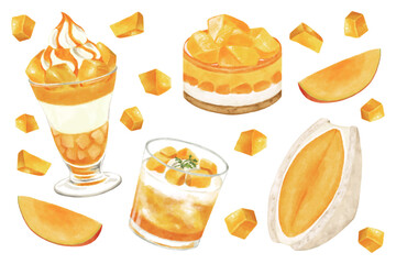 いろいろなマンゴーのスイーツイラストセット　水彩