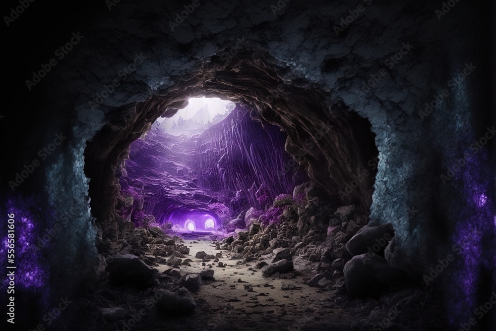 Poster amethyst mine tunnel inside view mysterious cave. generative ai