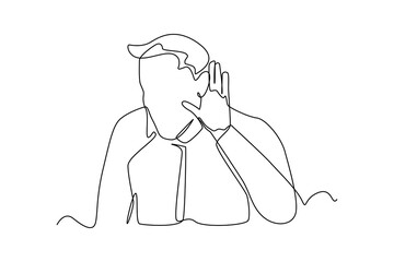 Continuous one line drawing Check your hearing. Positive man holds his hand near his ear. Communication concept. Single line draw design vector graphic illustration.