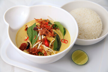 portion of vegetarian curry, basil leaf, bean sprout, fried shallot in the bowl