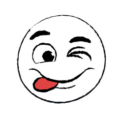 Obraz premium Hand drawn happy emoticon. Character smiles with his tongue out and winks. Happiness and optimism, good mood. Emotions and feelings, facial expressions concept. Cartoon flat vector illustration