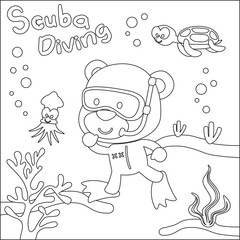 Fototapeta premium Cute bear in snorkel mask diving in the sea isolated on white background illustration vector. Childish design for kids activity colouring book or page.