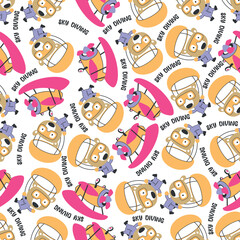 Seamless vector pattern with cute little bear skydiver, Design concept for kids textile print, nursery wallpaper, wrapping paper. Cute funny background.