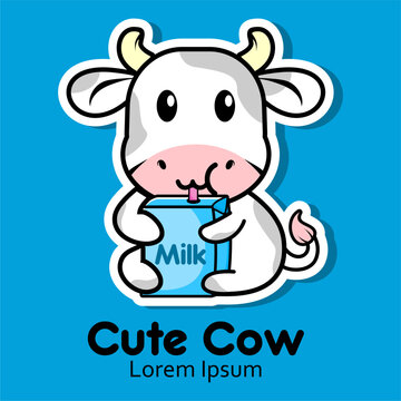 cute cartoon cow drinking milk logo design for animal lover