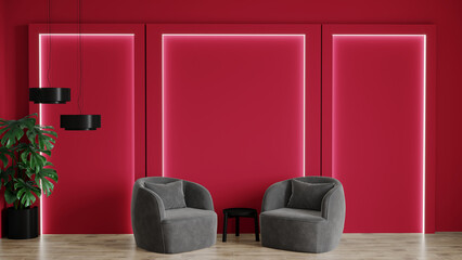 Luxury living room in trend 2023 color. Viva magenta wall, lounge furniture gray. Empty space for art or picture. Rich interior design. Mockup lounge or reception hall in red burgundy tone. 3d render 