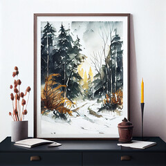 Framed picture of a forest covered in snow, Created with Generative AI