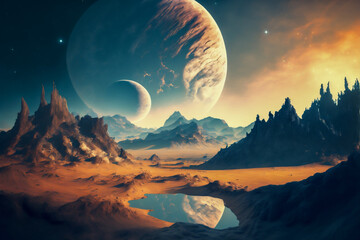 Landscape scene on a distant alien world with water, strange moon, misty mountains under a dramatic sky with a huge. Generative AI