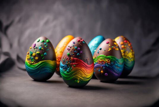 Painted chocolate Easter eggs decorated in rainbow colors on a dark background. Generative AI