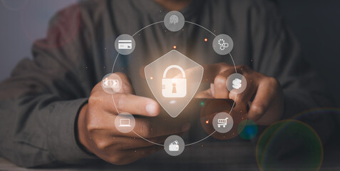 Businessman secure access protecting personal data with virtual screen interfaces.