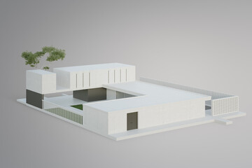 Simple house on white floor in isometric view. 3d rendering of exterior residential building.