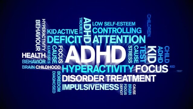 ADHD animated tag word cloud;Attention Deficit Hyperactivity Disorder design kinetic typography seamless loop.