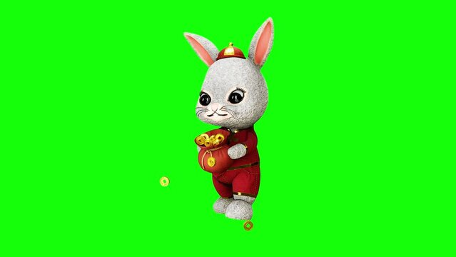 A 3D  animation looping on a green screen backdrop celebrates the Chinese New Year with a fluffy strolling rabbit carrying a lucky bag full of money.