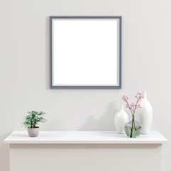 Single gray square picture, photo frame png mockup on wall with white matte vases and glass pot with pink flowers as decor on PVC table 