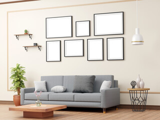 Multi-layout dark picture, photo frames png mockup on wall, sofa and stand with vases, lamp, cushions and decor