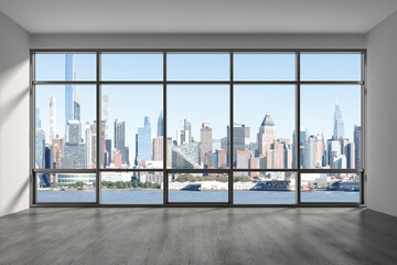 Fototapeta na wymiar Midtown New York City Manhattan Skyline Buildings from High Rise Window. Beautiful Expensive Real Estate. Empty room Interior Skyscrapers View Cityscape. Day time. west side. 3d rendering.