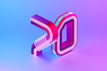 3D illustration, Number 70 seventy  over c neon lights on pink background. Cartoon creative design icon