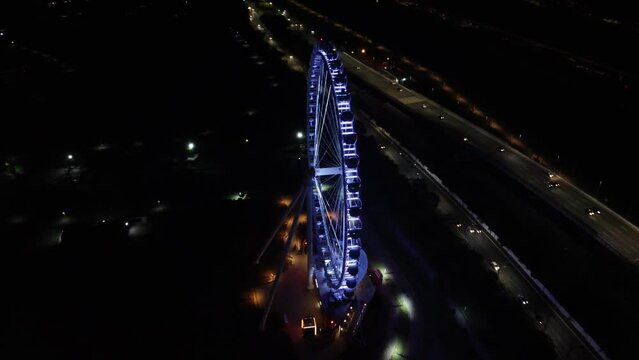 S&Atilde;O PAULO, BRAZIL DECEMBER 26, 2022 Aerial Photography Aerial view of the largest Ferris wheel in Latin America. Officially called Roda Rico, it is working in Parque C&acirc;ndido Portinari, next to Parqu