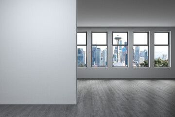 Downtown Seattle City Skyline Buildings from High Rise Window. Beautiful Expensive Real Estate overlooking. Empty room Interior. Mockup wall. Skyscrapers Cityscape. Day. USA. 3d rendering