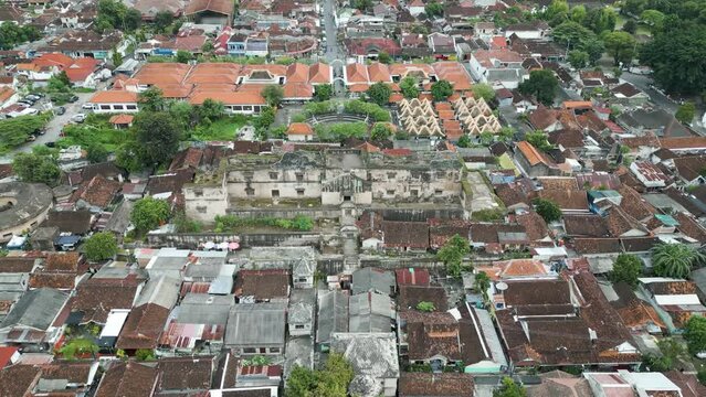 Aerial shot of Pulo Kenanga and Ngasem market at Tamansari complex in Yogyakarta