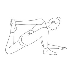 Line art of woman doing yoga in kneeling twisted lunge with quad stretch pose vector. © pmpueng