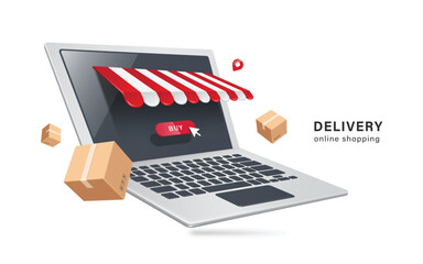 cursor click on the red buy icon located on the computer laptop store or shop
