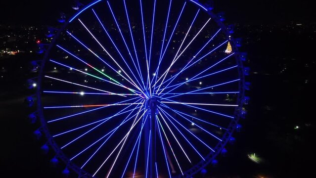 S&Atilde;O PAULO, BRAZIL DECEMBER 26, 2022 Aerial Photography Aerial view of the largest Ferris wheel in Latin America. Officially called Roda Rico, it is working in Parque C&acirc;ndido Portinari, next to Parqu